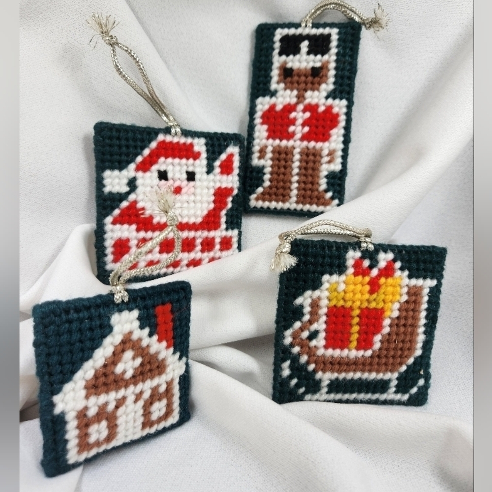 Four Vintage Plastic Canvas Double Sided Ornaments Vintage Handmade